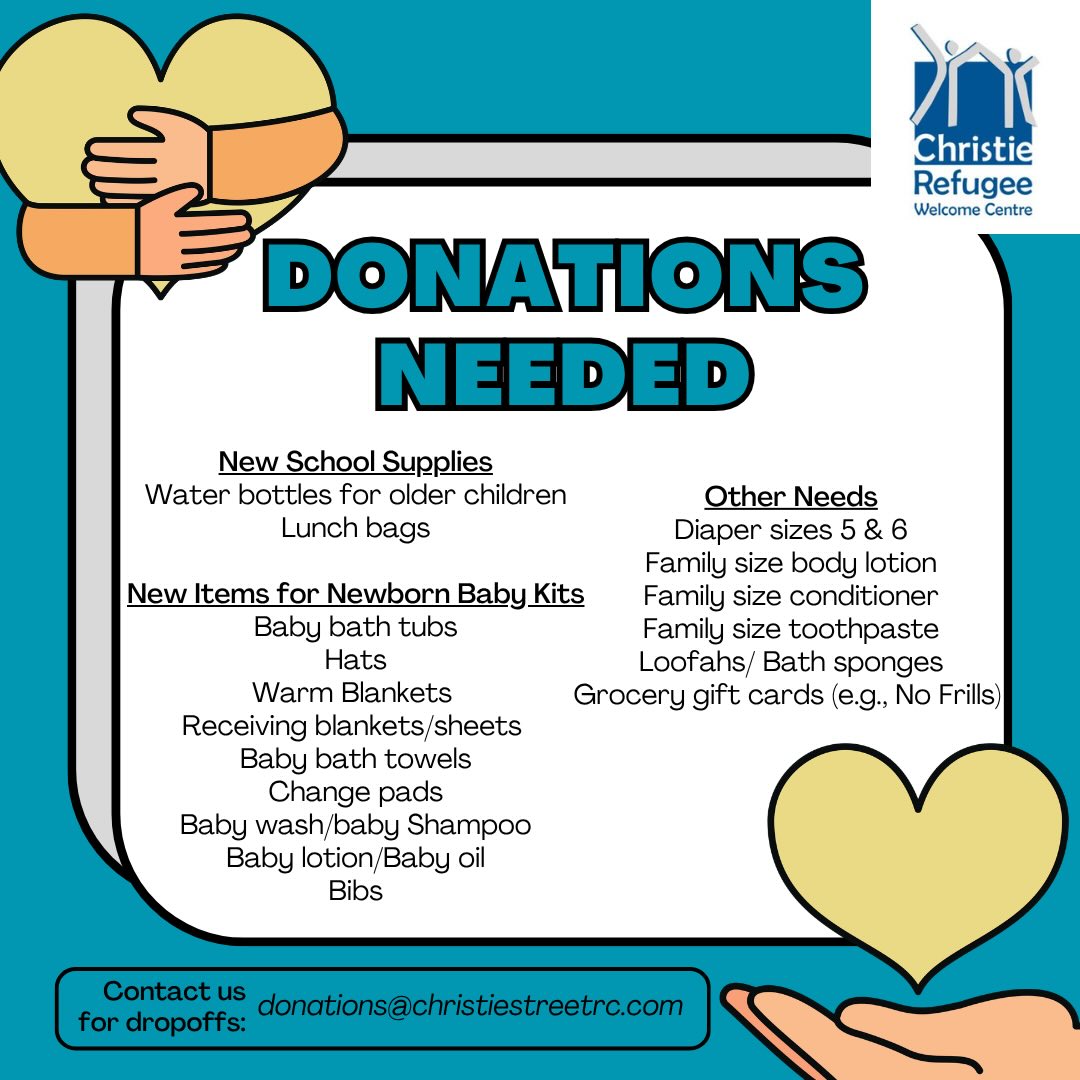 We’re looking for donations! 👀👀👀👀👀

Contact us at donations@christiestreetrc.com if you can support us with any of these new items for families.

#refugeesintoronto #donationsneeded #refugeesupport #refugeefamilies #donationsappreciated