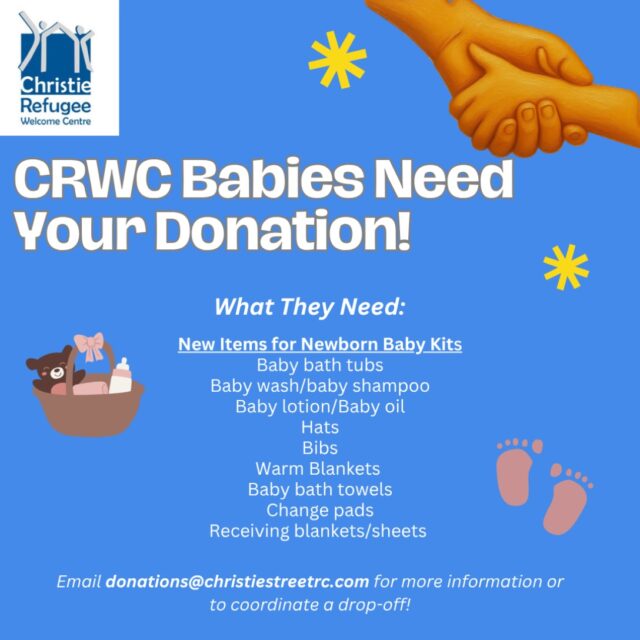 We are in need of new baby items! 🍼

Christie is currently supporting 2 babies under age 1 and one expecting mom. 

Do you have any new baby items? Email us at donations@christiestreetrc.com

#babydonations #torontodonations #donationsneeded #donationswelcome #refugeesupport