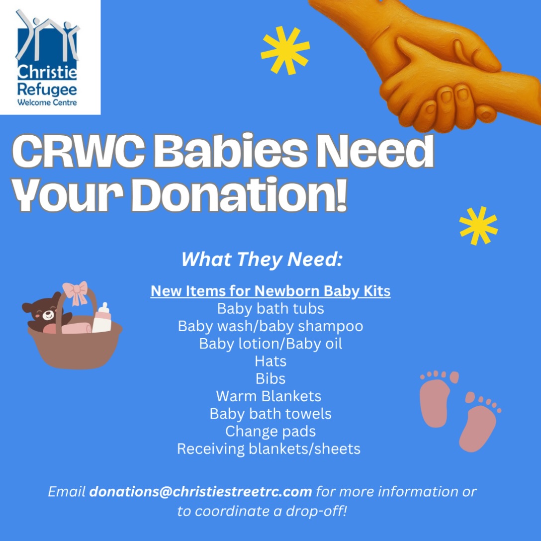 We are in need of new baby items! 🍼

Christie is currently supporting 2 babies under age 1 and one expecting mom. 

Do you have any new baby items? Email us at donations@christiestreetrc.com

#babydonations #torontodonations #donationsneeded #donationswelcome #refugeesupport